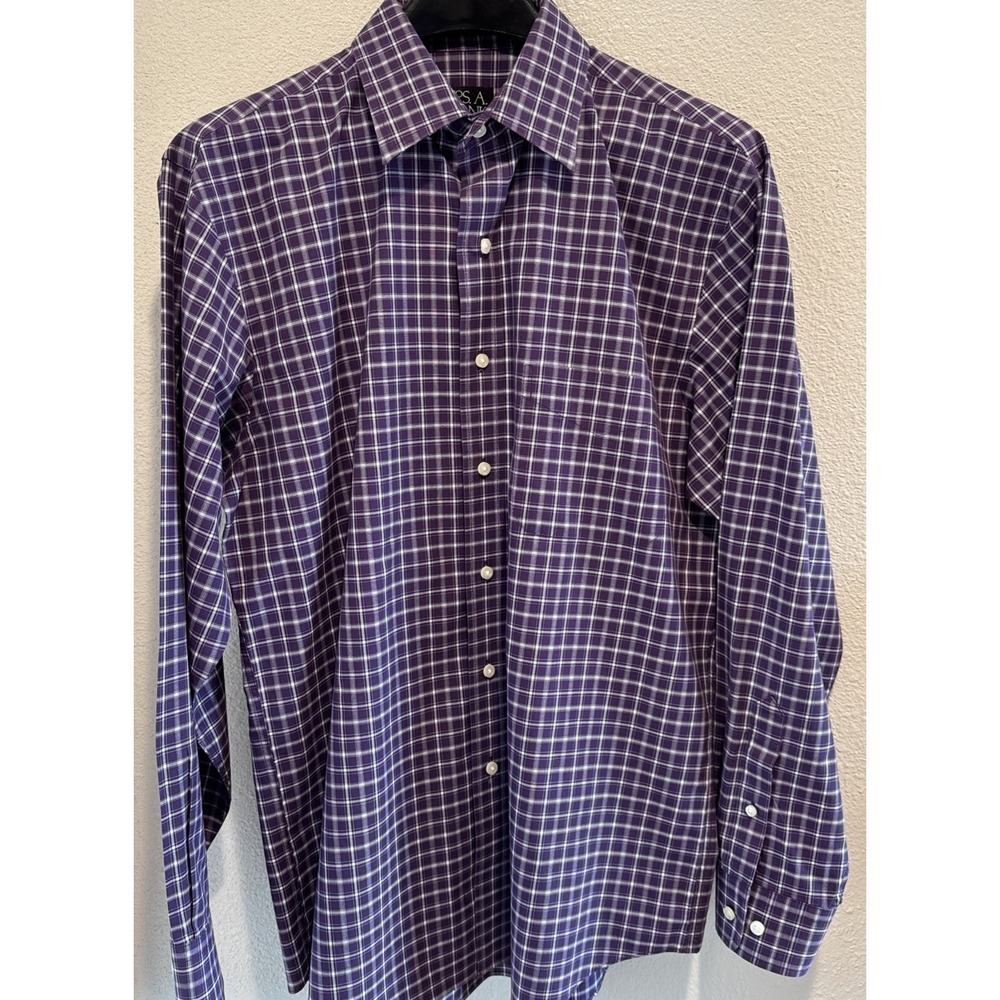 Jos A Bank Travelers Collection Mens M Purple Plaid Cotton Button Down Shirt